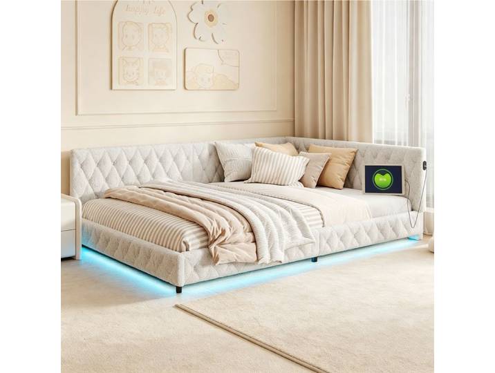 Canapé lit 140x200 cm Lit Double avec LED et USB Canapé en Velours Lit Capitonné Rembourré Beige