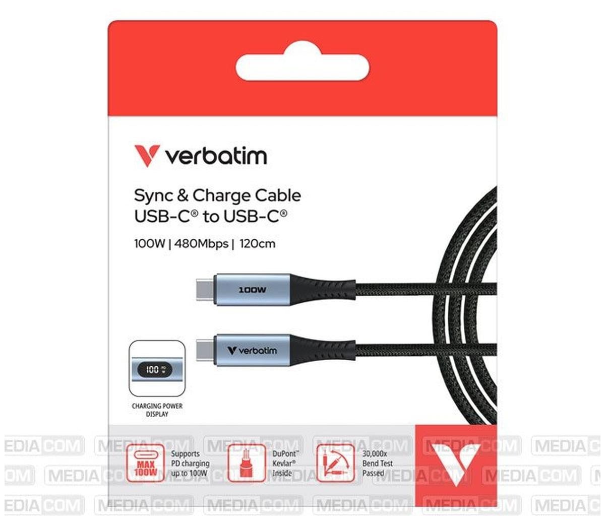 Verbatim Sync & Charge USB-C naar USB-C 100W Displaykabel, 120 cm