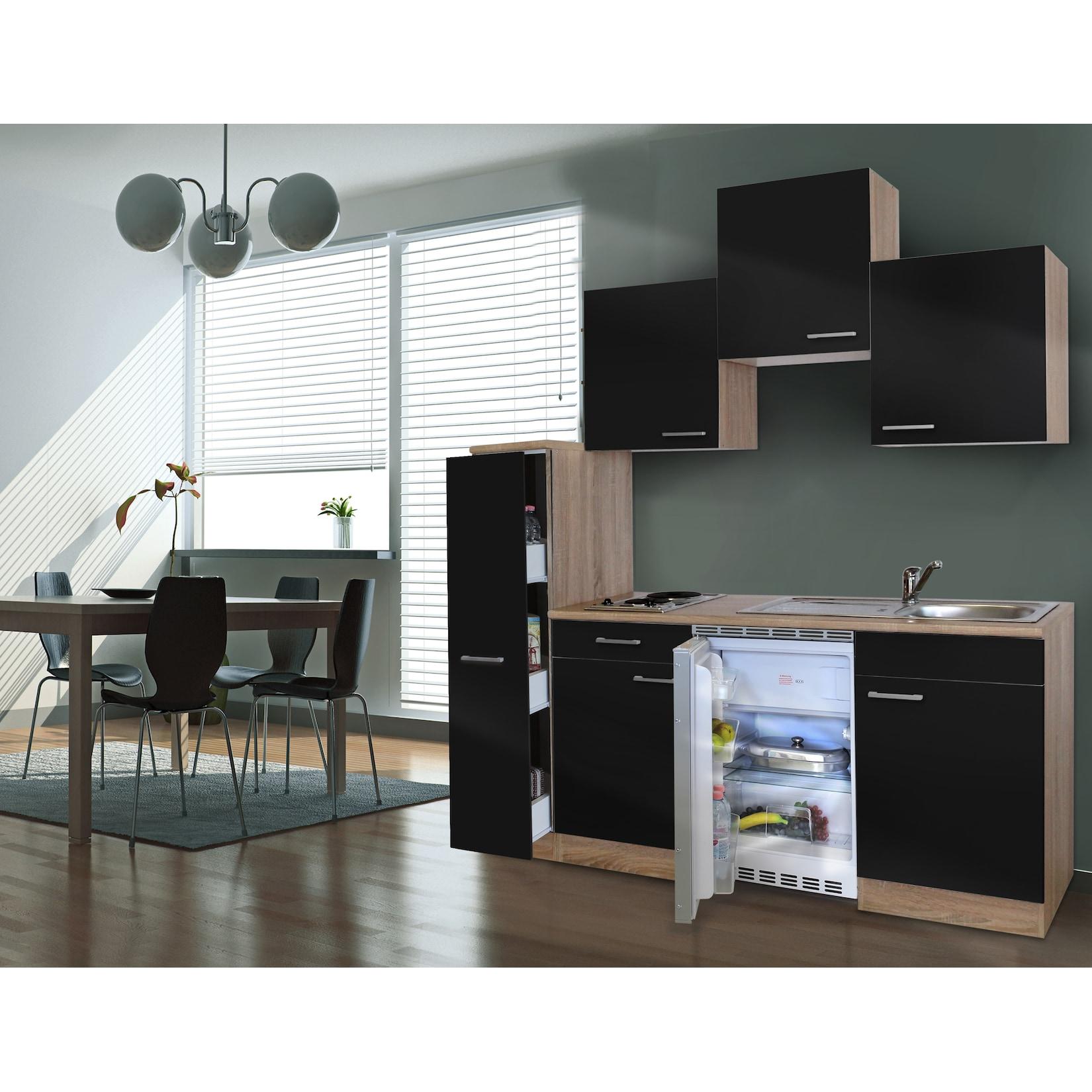 Respekta Küchenzeile KB180ESS 180 cm Schwarz-Eiche Sägerau Nachbildung