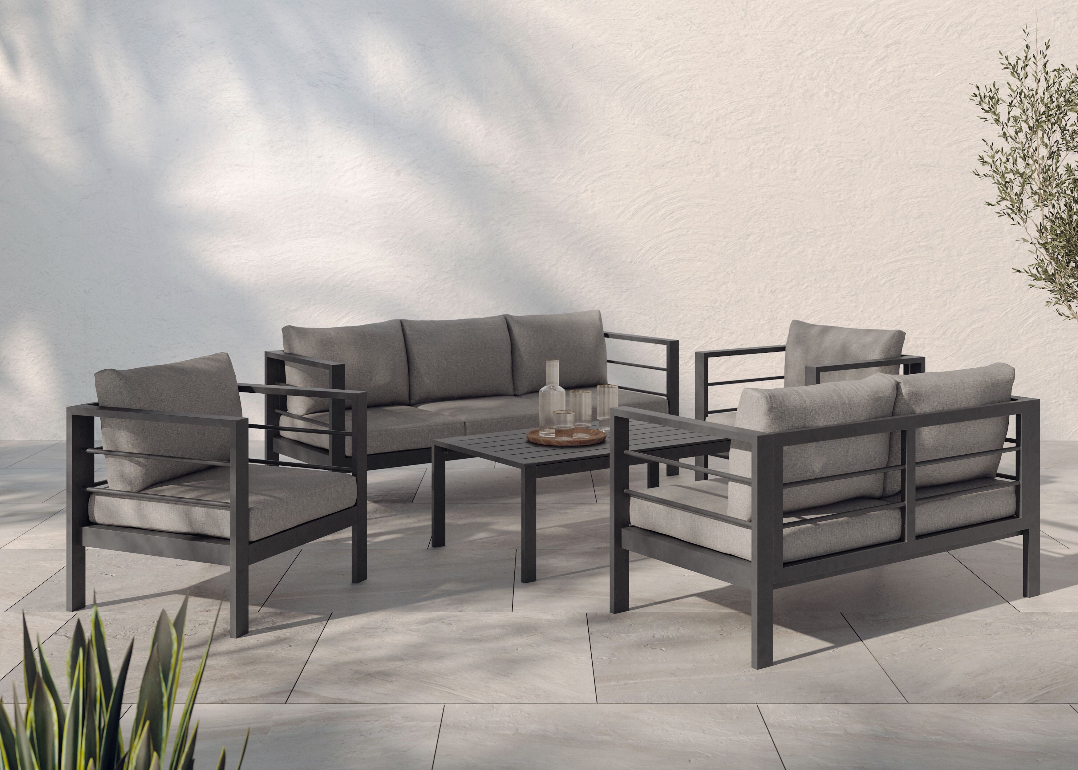 Gartenlounge-Set KONIFERA "»New Jersey«", schwarz (schwarz, dunkelgrau), Aluminium, Sitzmöbel-Sets, Gartenlounge-Set, inkl. Auflagen, Tischplatte aus Nonwood