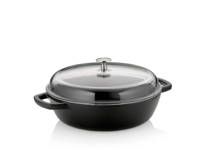 kela Schmorpfanne hoher Rand, 28 cm, Calido, Glasdeckel, Induktion, schwarz Gusseisen emailliert, Schmorpfanne mit Glasdeckel, Braten + Schmoren in einem, massive Wärmespeicherung, großes Volumen 3,8l