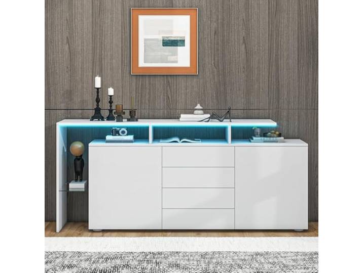 QQJIN 160cm Kommoden & Sideboards Weiß mit LED, 2 Türen, 4 Schubladen & Offenen, Hochglanz Sideboard Weiss für Wohnzimmer, Küche, Flur, Esszimmer,E