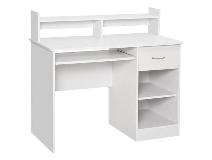 FSX Bureau compact pour ordinateur bureau fixe en bois blanc avec plateau de clavier amovible et étagères 104 x 48 x 95 5 cm