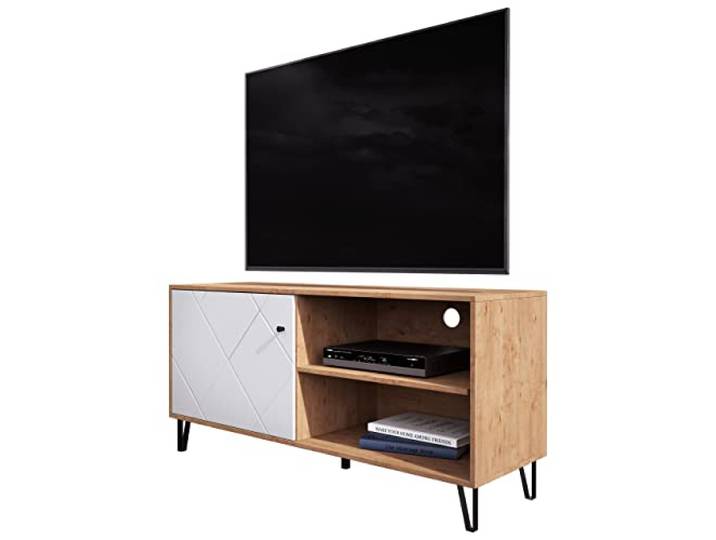 Newroom TV Lowboard Wildeiche Weiß Matt TV Schrank Skandi Modern - 123x56x40 cm (BxHxT) - Fernsehtisch TV Board Rack - [Loya.Four] Wohnzimmer Gästezimmer Büro