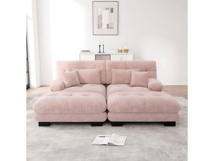 Canapé d'angle - TRUXEN8 - Chenille rose - 5 places - 2 coussins lombaires