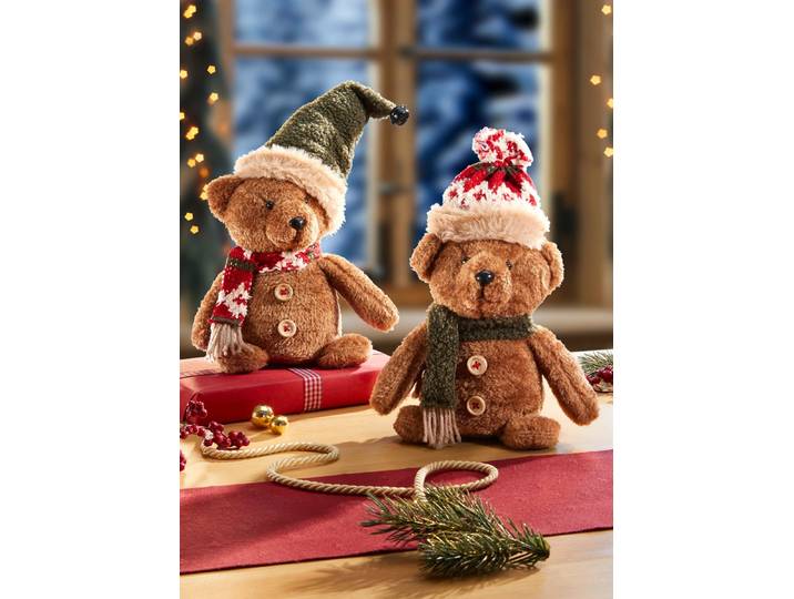 Weihnachtlicher Plüschteddybär, Braun, mit roter Wintermütze und grünem Schal