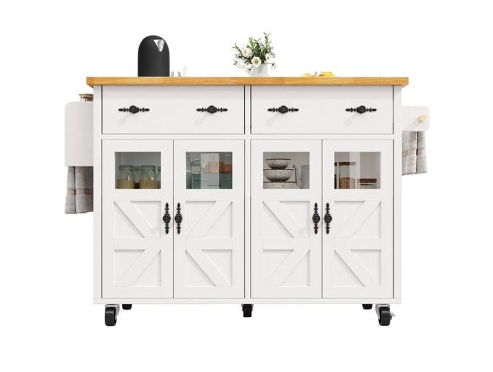 Îlot de cuisine mobile – chariot de service blanc – plateau extensible portes vitrées roulettes freinées