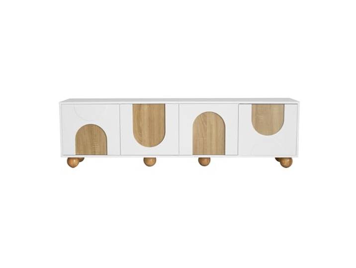 Weißer TV‑Schrank mit geometrischen Holzelementen, niedriges TV‑Lowboard mit 4 Türen, stabiler Unterschrank mit runden Holzbeinen, multifunktionaler Aufbewahrungsschrank für Wohnzimmer Schlafzimmer