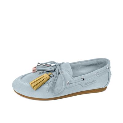Bootsschuh TAMARIS, Damen, Gr. 40, Leder, hellblau, Veloursleder, Schuhe Bootsschuh, Slipper, Schlupfschuh, mit farbigen Quasten