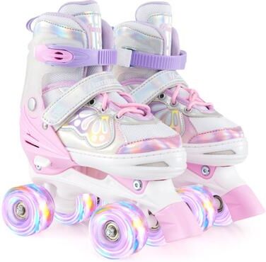 Costway Kids Roller Skates 4 Sizes Adjustable Quad Skates with Light-up Wheels-Pink