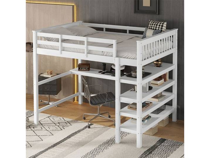 Lit Mezzanine 140×200 avec Bureau Lit Mezzanine 2 Places Lit en Hauteur pour Enfant Adulte Ado Étagères Rangement Pin Blanc