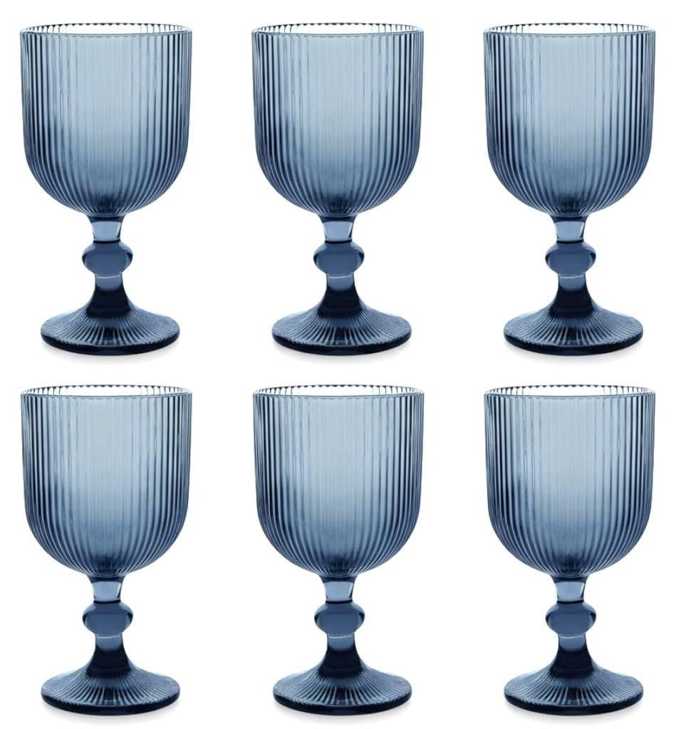 Dripio Set van 6 geribbelde wijnglazen, blauw, 0,35 liter