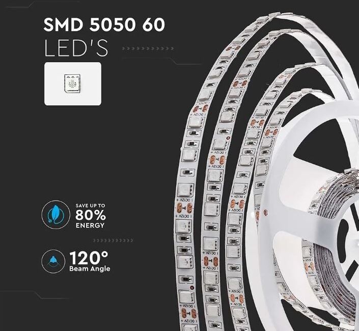 V-Tac Strip Led Smd5050 11w/m 5m 60 Led/m 12v Luce Fredda 6500k Ip20 10 Mm – Sku 212126