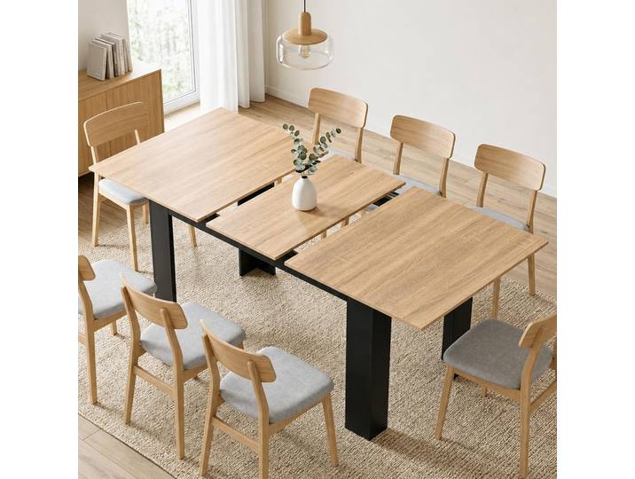 Table extensible Monddeer\, 140-180 cm\, pour 6 à 8 personnes\, table de cuisine robuste\, polyvalente pour les repas\, le travail et les loisirs\, en noir et en chêne
