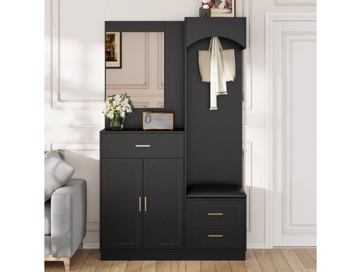 Merax Meuble d'entrée Moderne avec Miroir Armoire Banc à Chaussures et Tiroirs – Vestiaire Compact Noir 110×33×185 5 cm