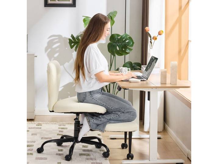 WOVREO Chaise de bureau et méditation blanche en cuir pivotante 360° hauteur réglable avec repose-pieds