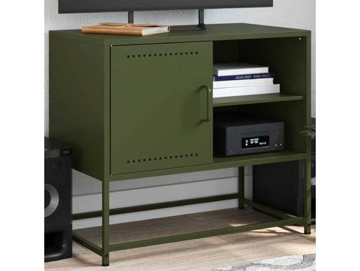 HEFZGDB TV-Schrank Olivgrün 68x39x60,5 cm Stahl Industrie-Stil mit Fach und 2 offenen Ablagen, robuster Stahlrahmen, viel Stauraum für Multimedia-Geräte, einfach zu reinigen,