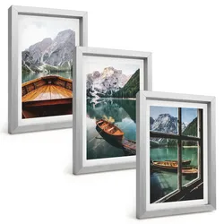 BILDER SET 3er Set - 20x30 cm Silberner Rahmen - Fenster für Boote auf dem Bergsee