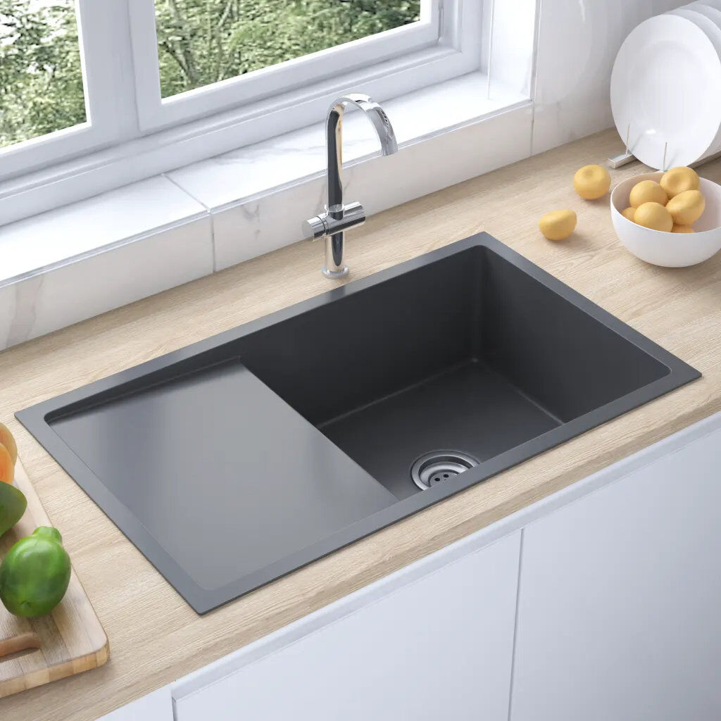 Belfry Kitchen Desdemona 440mm W Steel Kitchen Sink Black 750mm L