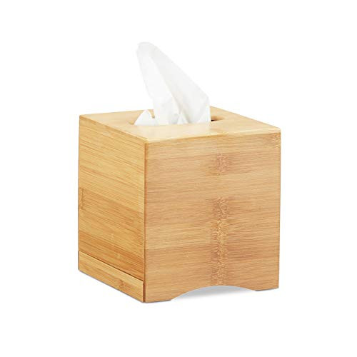 Relaxdays Tissuehouder van Bamboe, Vierkant, Bruin/Beige, H x B x D: 15,5 x 14,5 x 14,5 cm