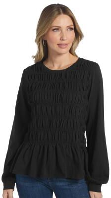Masseys Shirred Long Sleeve Top (Women's) Casual in Washed Black, Size 4X, Cotton