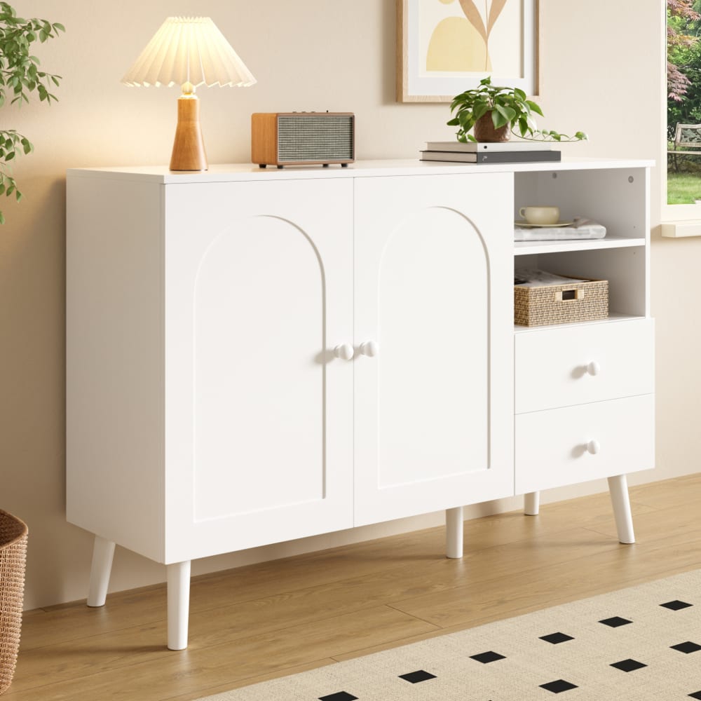 REDOM Buffet en mdf/pb avec portes cintrées blanc 118x35x82 cm Blanc 118x82x35cm