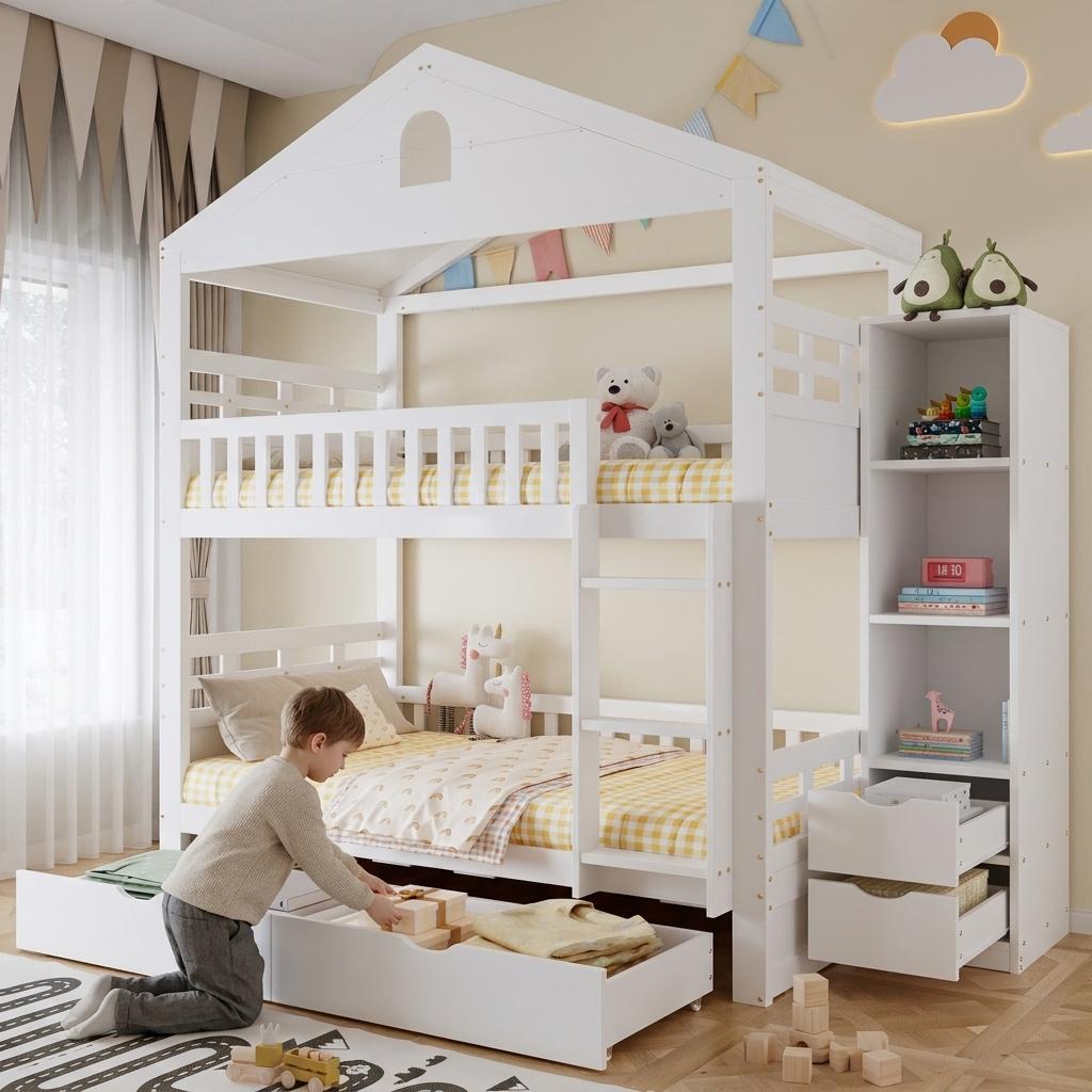 Etagenbett 90x200, Kinderbett Hausform, für 2 Kinder, Leiter, 2 große Schubladen, Aufbewahrungsschrank