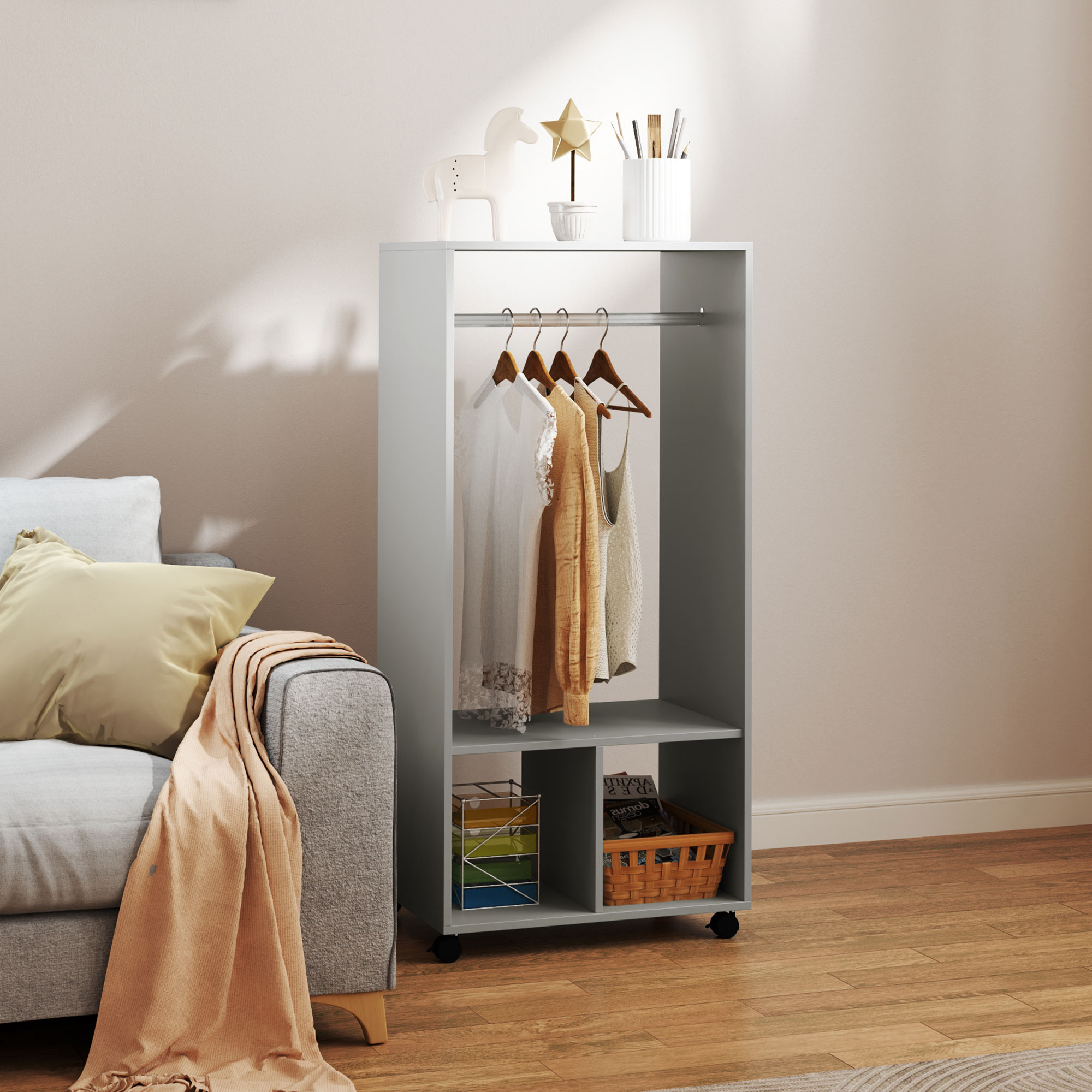 Homcom Guardaroba con mensola, 2 scomparti appendiabiti e 4 ruote girevoli, 60x40x128 cm, grigio   Aosom Italy