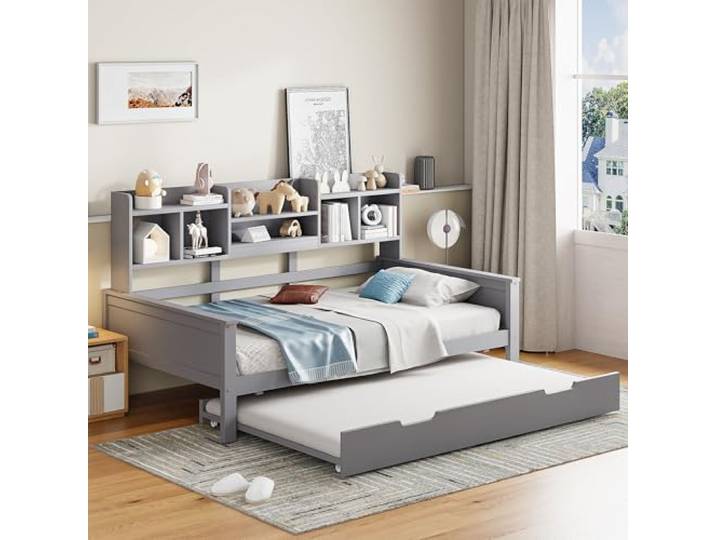 Ball & Cast Schlafsofa (90x200cm) Einzelbett mit Vielen Ablagefächern, mit Lattenrost Ausziehbares Schlafsofa aus Massivholz, Grau