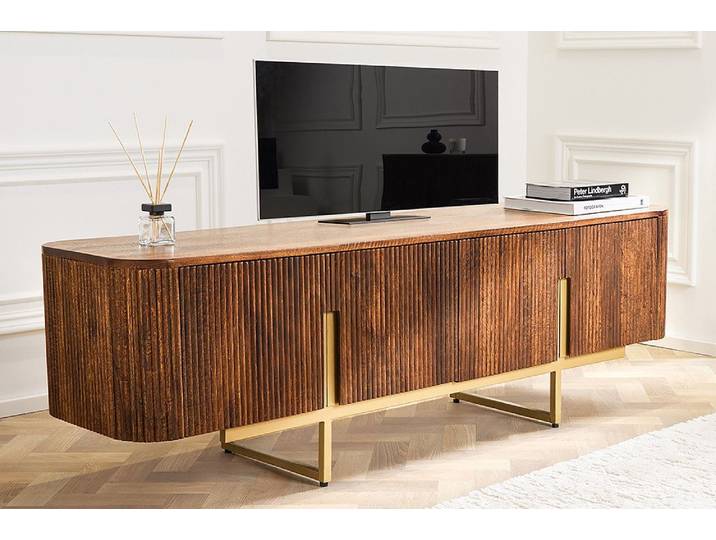 Design TV Board GATSBY 160cm braun mattgold Mangoholz Retro, mit 2 Fächern, einzigartiger Maserung, abgerundeten Seiten