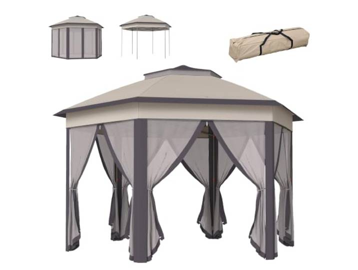 Outsunny Gartenpavillon Faltpavillon 4 x 4 m Doppeldach sechseckig Beige