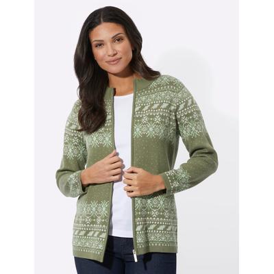 Jacquardstrickjacke CLASSIC BASICS, Damen, Gr. 56, grün (khaki, ecru, gemustert), 100% Baumwolle, gemustert, mehrfarbig, Strickjacken