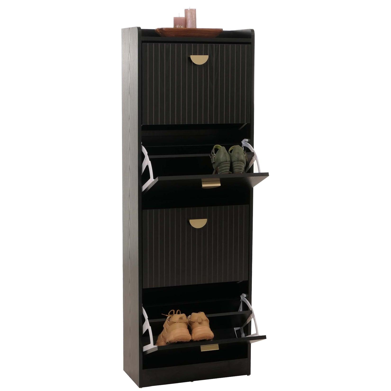 Schuhschrank MCW-O39, Schuhkipper Schuhregal 4 Klappen Klappfächer MDF Melamin Metall 148x50x24cm ~ Holzoptik schwarz