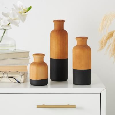 ARCILLA ELEMENTAL Brown Wood Colorblock Vase with White or Black Bases (Set of 3)