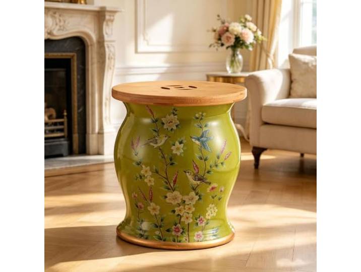 Chinoiserie Keramik Gartenhocker mit Stauraum,Dekorativer Trommelhocker Keramik Trommelhocker Chinoiserie mit Abdeckung,Mehrzweck Hocker, Beistelltisch für Wohnzimmer Foyer, Terrasse(18)
