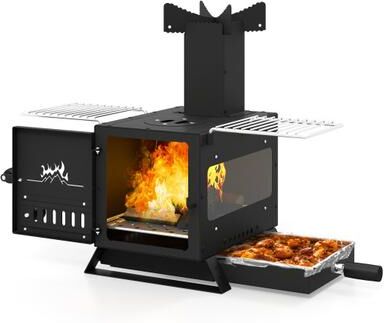 Costway Portable Wood Burning Stove Mini Heater Burner with Pot Rack Oven Pan-Black