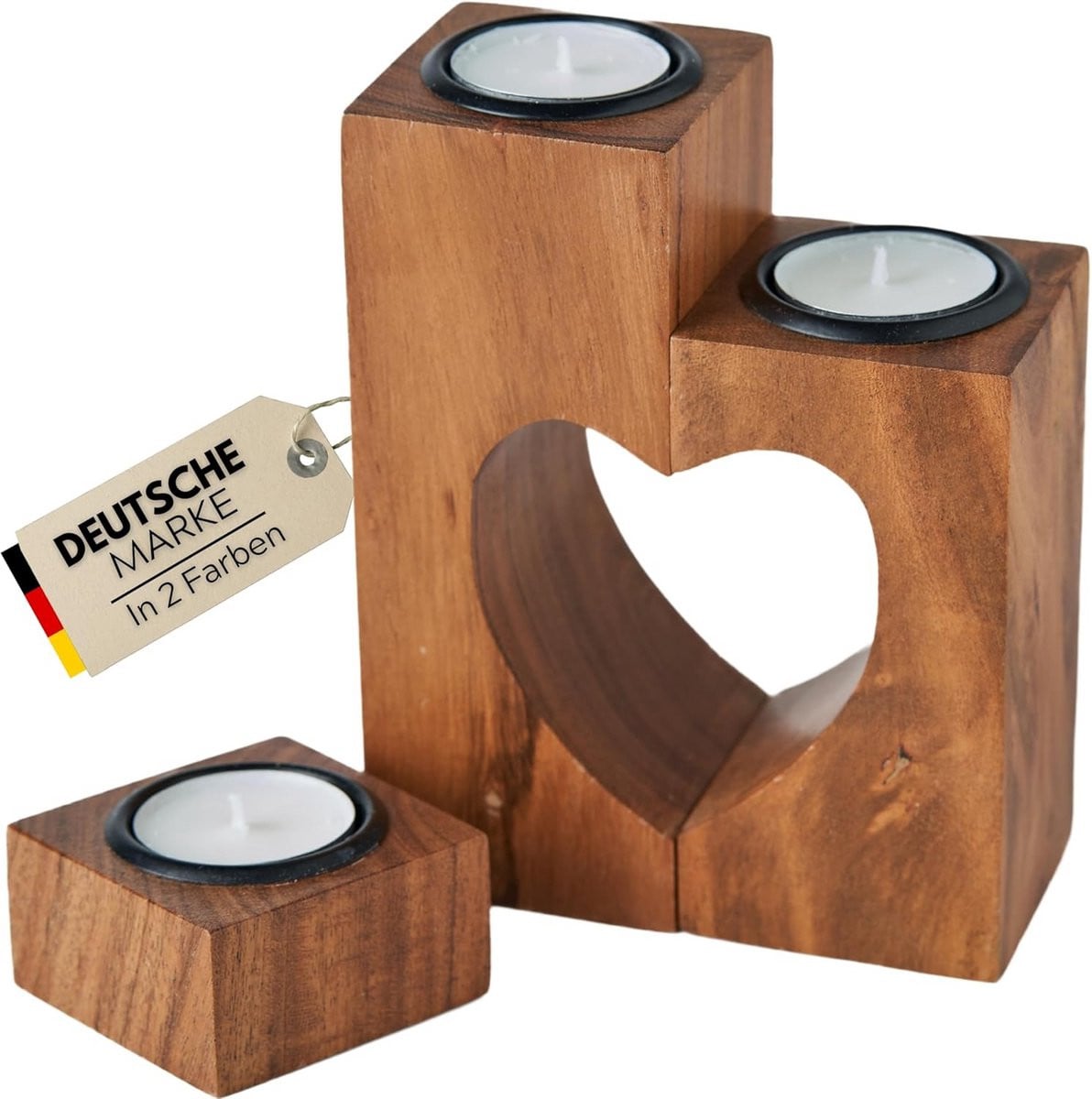 Set van 3 Houten Hartvormige Theelichthouders voor Decoratie