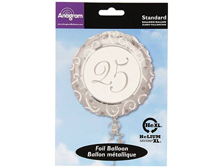 amscan 10087613 Zilveren en Witte 25e Folieballon 45cm - 1 St
