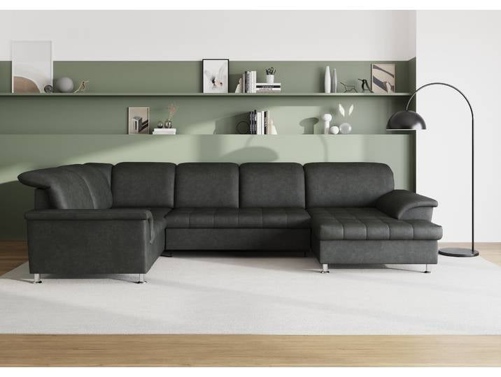 Wohnlandschaft, Flachgewebe, Grau, 352×214 cm, mit Bettfunktion & Kopfteilverstellung, Modern, Domo-Collection