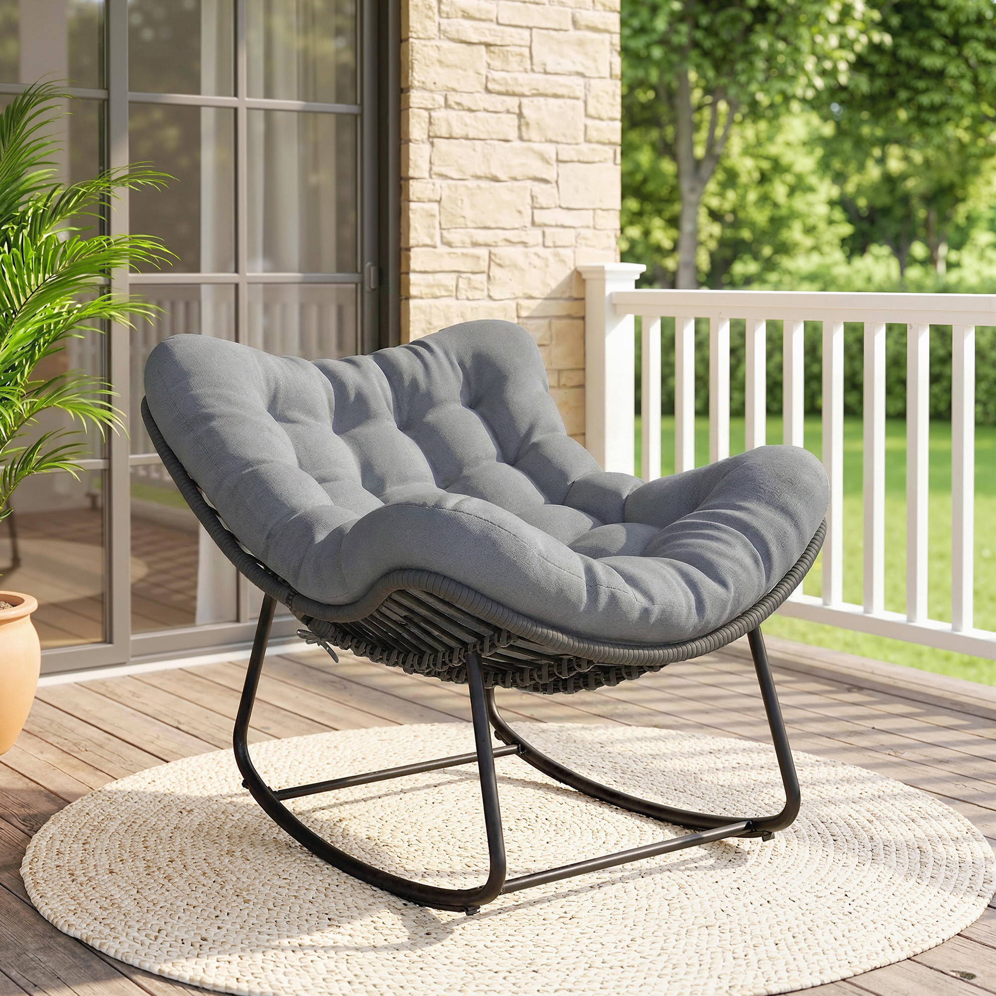 Outsunny Sedia a Dondolo in Rattan con Cuscino Morbido per Giardino, Balcone, Grigio Scuro   Aosom Italy
