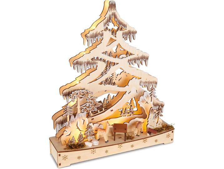 BRUBAKER 3D-lichtboog\, led-lichtboog\, dennenboom\, bos\, kerstverlichting van natuurlijk hout\, 34 x 28 x 9 cm\, handbeschilderde figuren\, kerstdecoratie voor tafel en raam