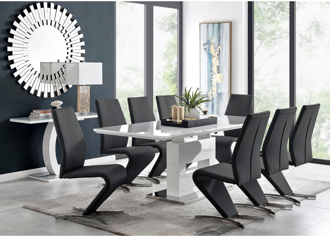 Canora Grey Alezzo Modern High Gloss Extendable Dining Table Set with 8 Modern Design Faux Leather Dining Chairs Black 8