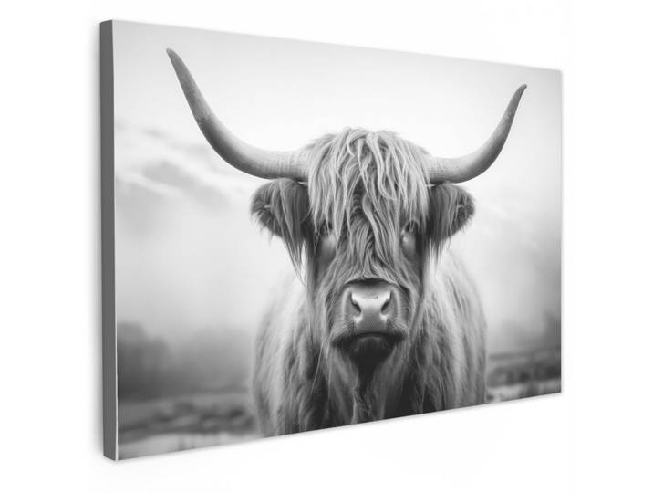 LEINWANDBILD Schottischer Highlander - Nebel - Schwarz - Weiß Gemälde 60x40 cm