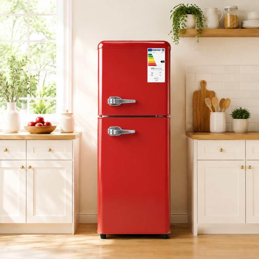 AIORBER Kompakter Kühlschrank mit Gefrierfach 112L, Kühl-Gefrier-Kombination mit 7 Temperaturstufen, Verstellbare Einlegeböden, Leiser Betrieb, Ideal für Büro & Zuhause, Rot