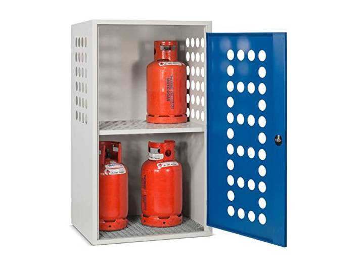 Steinbock Propangasflaschen-Schrank HxBxT 150 x 85 x 70 cm Blau/Grau für 18x 5-kg-Flaschen, 10x 11-kg-Flaschen oder 4x 33-kg-Flaschen abschließbar Druckgasflaschen-Schrank aus Stahl 1-türig
