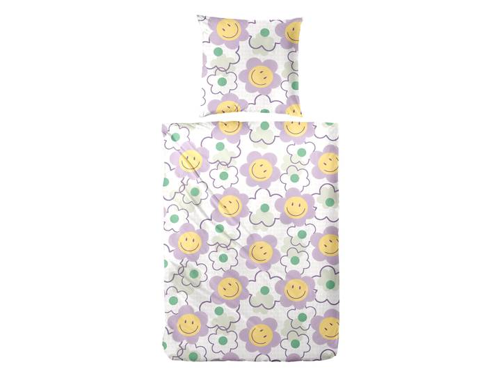 Bettwäsche PRIMERA Renforce-Bettwäsche Smile for me , lila, B/L: 155cm x 220cm, 1 Stk., 1 Stk., Renforcé, B/L: 80cm x 80cm, 2 Stk., Renforcé, Obermaterial: 100% Baumwolle, Bettwäsche, Bettwäsche, mit Smiley Blüten in bunten Farben