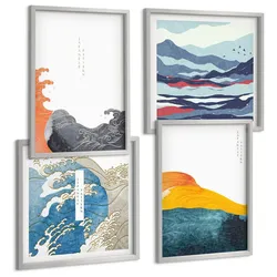 BILDER SET 4er Set - 50x50 cm & 40x60 cm Silberner Rahmen - Wellen – Japanische Kunstgrafik