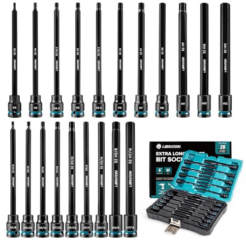 LIBRATON 20-delige Impact Hex Bit Socket Set met 3/8 inch aandrijving, S2 staal, SAE en metrisch, lange inbussleutels