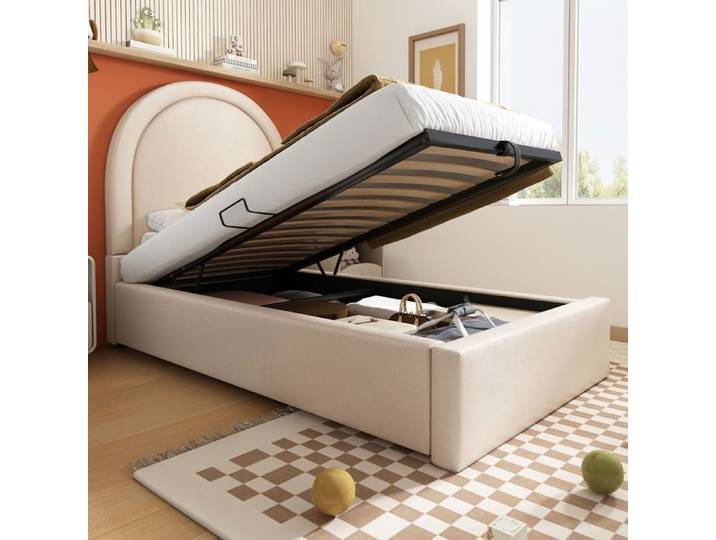 Lit Coffre - Becag - Lit Capitonné Simple 90x190 cm - Lit Enfant Rembourré avec Rangement Hydraulique - PU Beige