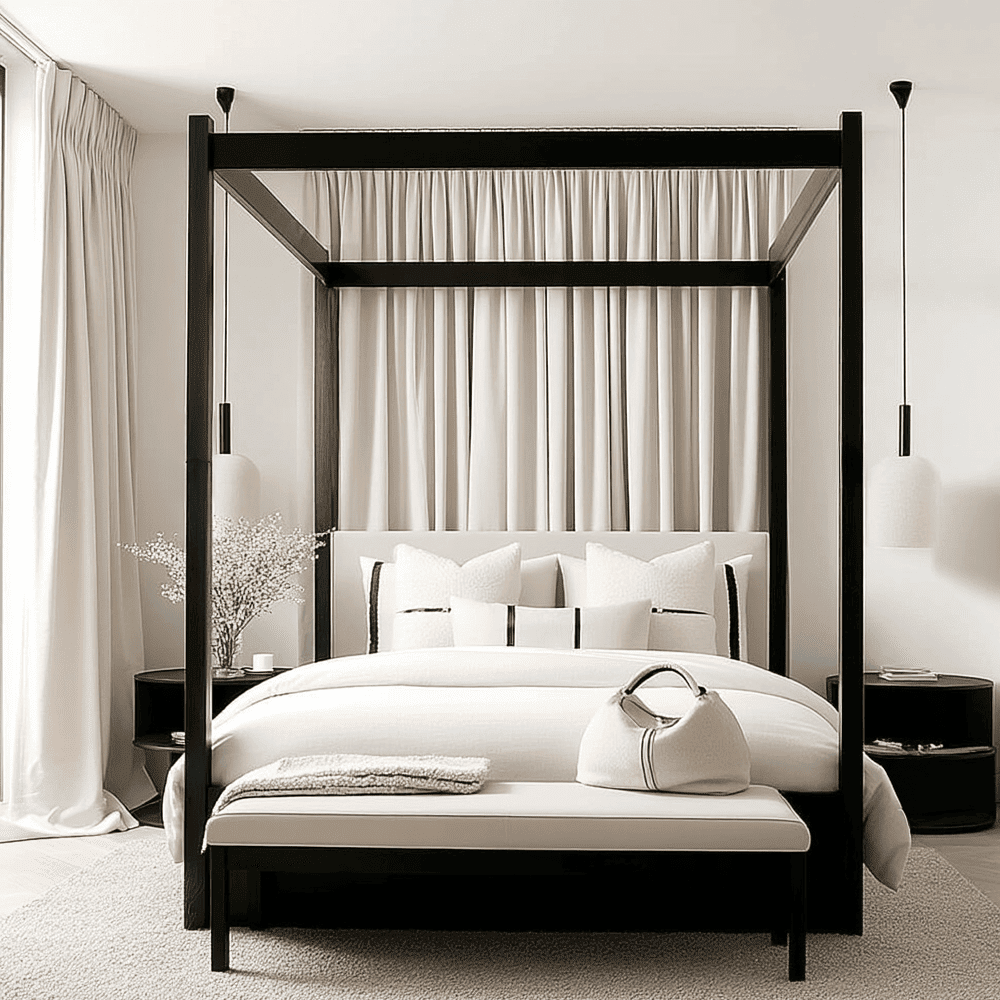 Eden Black 4 Poster Wooden Bed with Cream Velvet Headboard, Super King